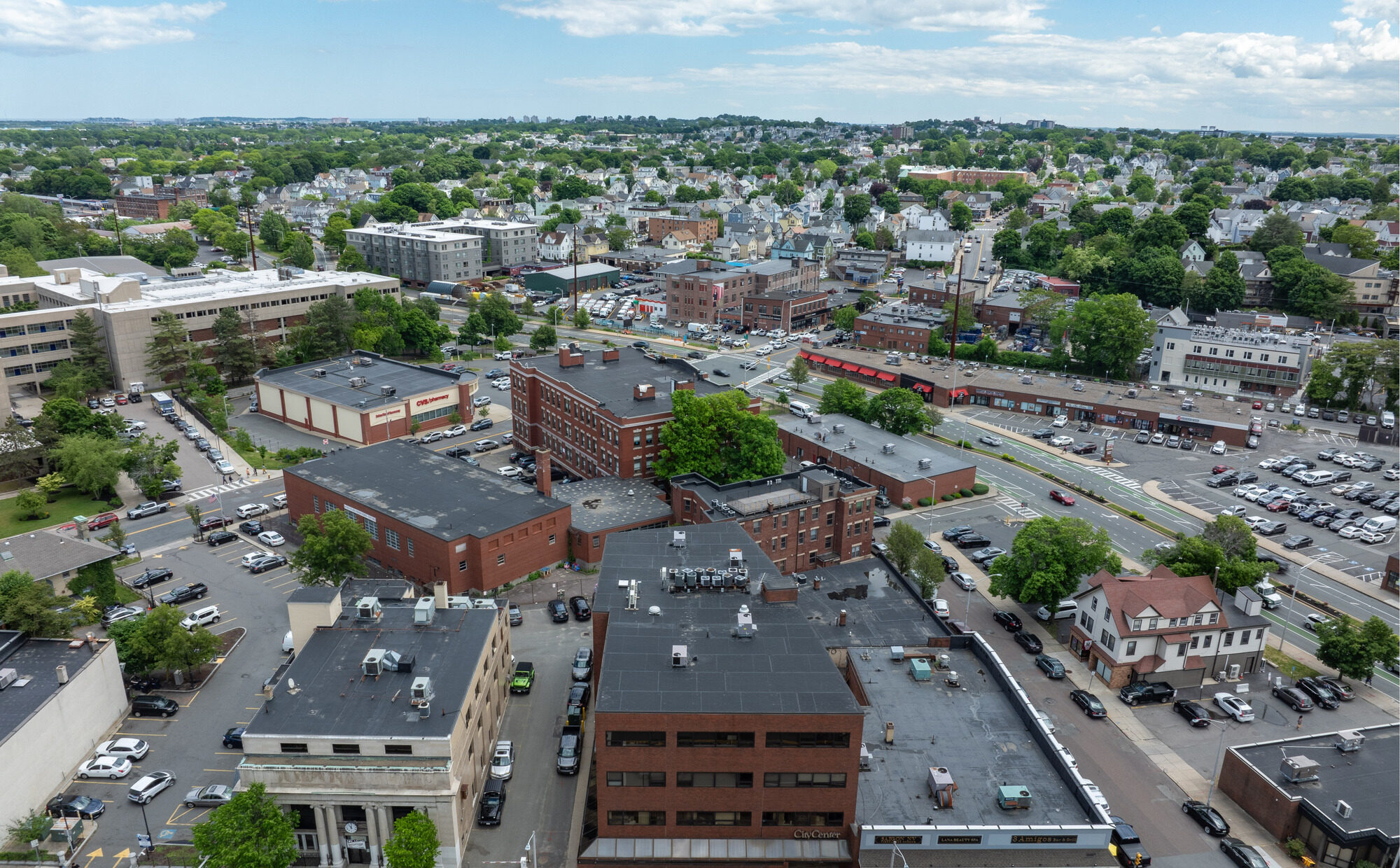 Aerial shot of Main St Malden MA
