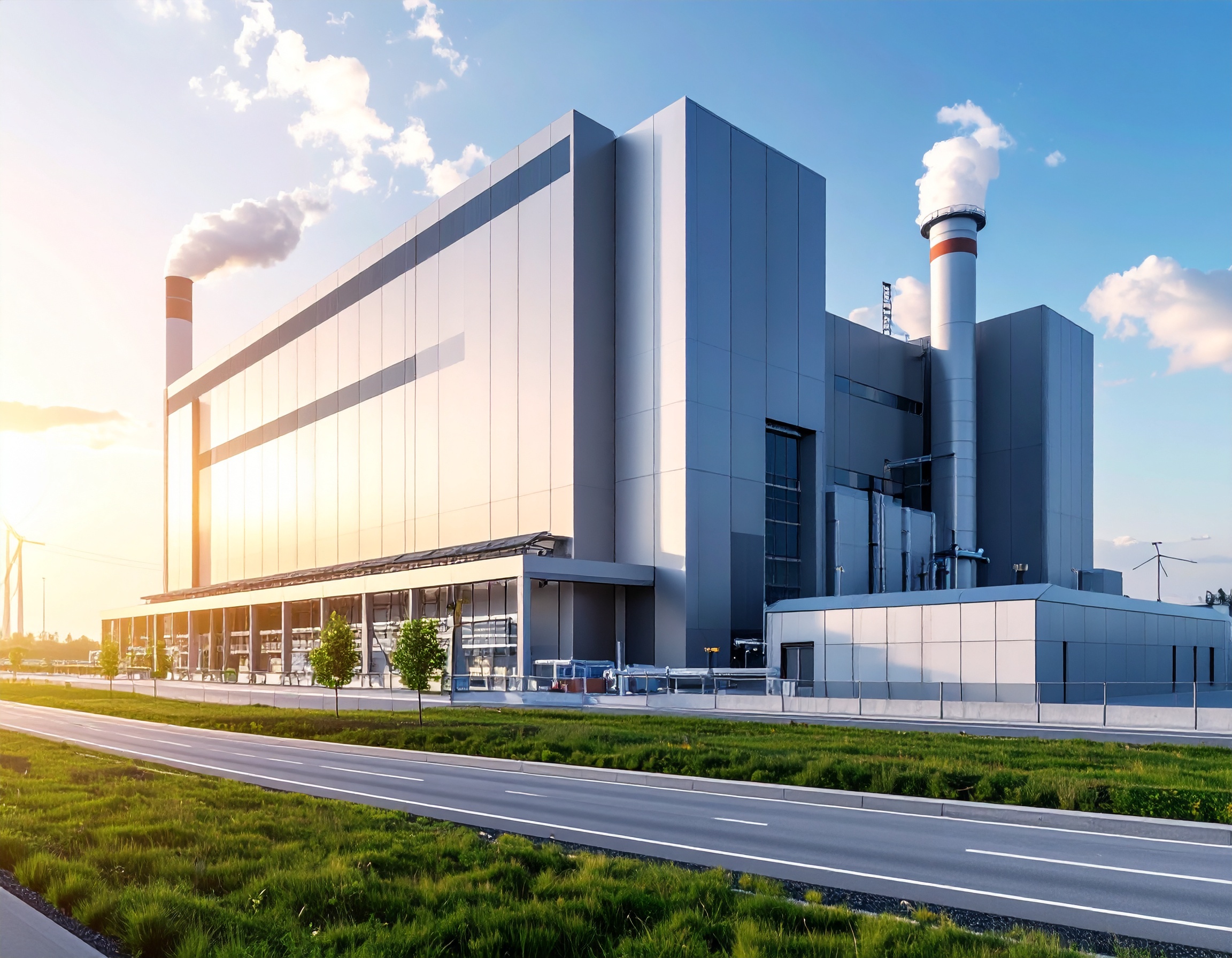 A modern sleek, industrial building with sunlight and
