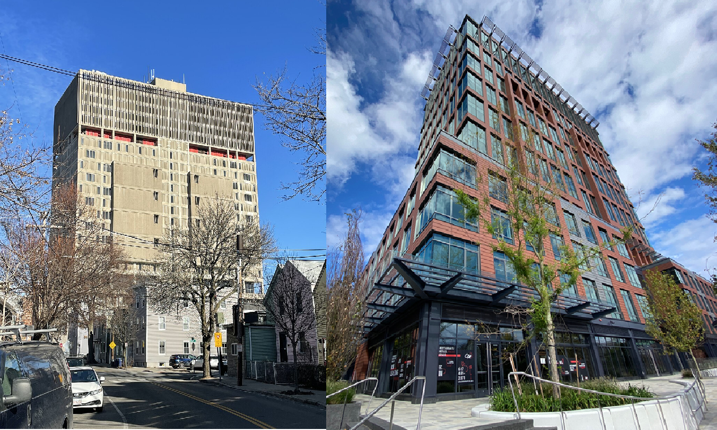 Side by side comparison of 40 thorndike street before and after renovations.